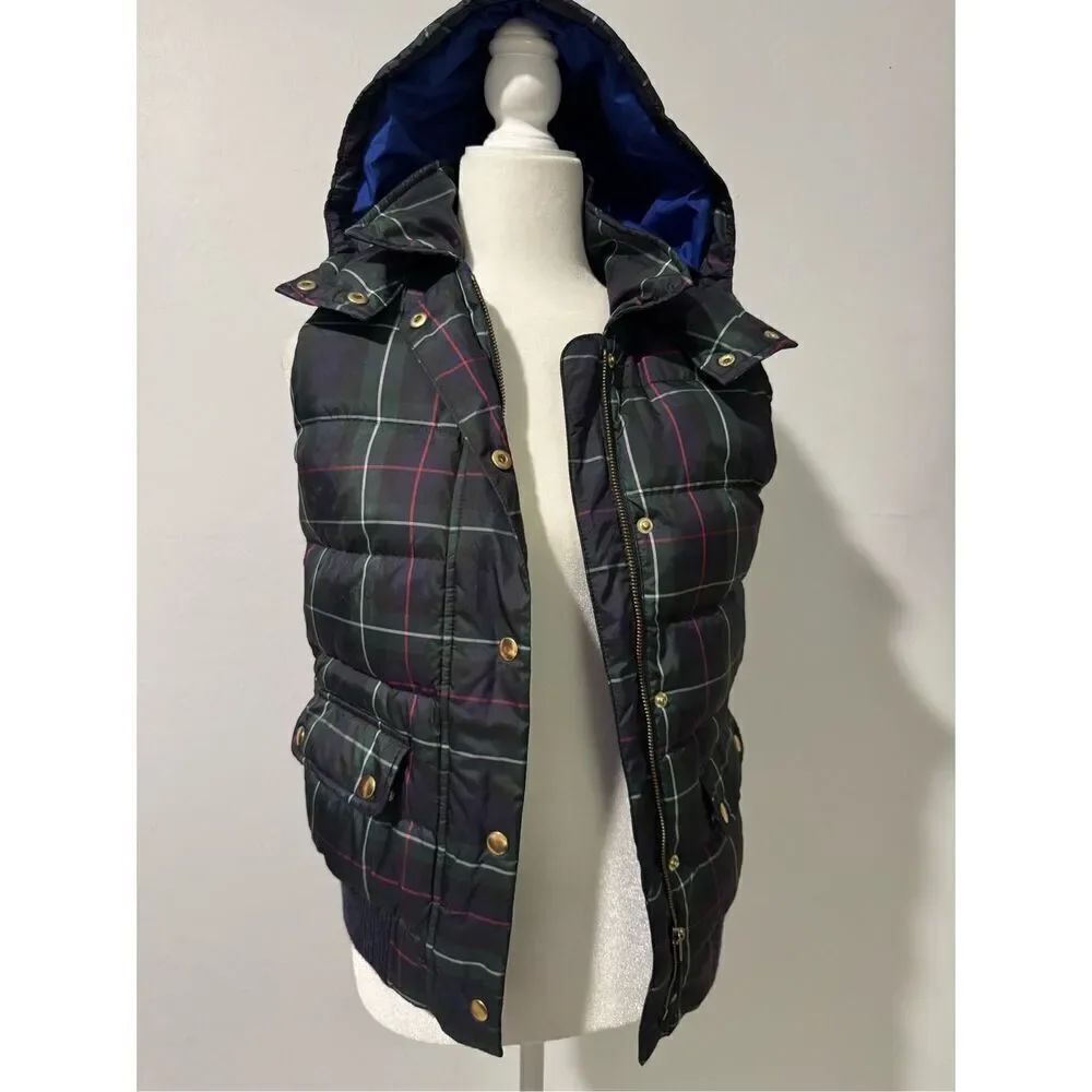 J. Crew plaid puffer vest features removable hood XS - Picture 2 of 12